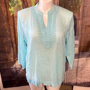 Appleseed's Aqua Blouse with Embroidered Detail